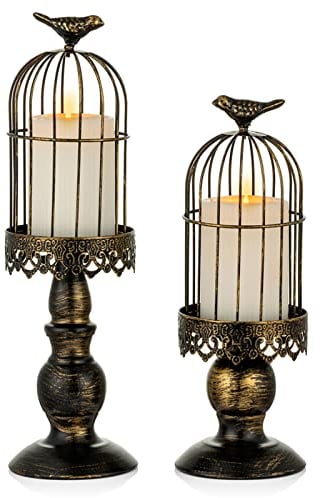 Sziqiqi Decorative Bird Cage Candle Holder Black Vintage Candlestick Holders Set of 2 Iron Shabby Chic Pillar Candle Holder for Christmas Mantle Fireplace Living Room Wedding Centrepieces for Tables