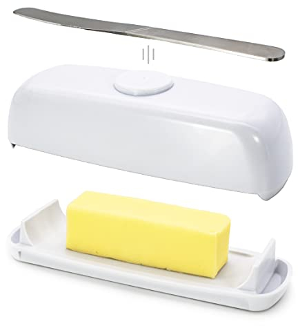 Butter Hub Butter Dish with Lid and Knife, Magnetic Butter Keeper, Easy Scoop, No Mess Lid, Plastic, Dishwasher Safe (White)