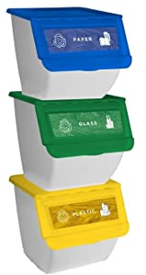 DRW Lot de 3 poubelles de Recyclage empilables en Verre, Papier, Plastique 36 litres, unité 39 x 39 x 36 cm