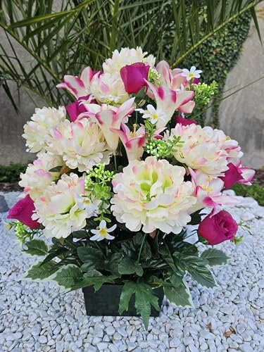 Roselynexpress Composition De Fleurs Artificielles Lesté Ciment en Jardinière, pour Cimetière. Réalisé par nos Soins, Fleurs de Qualité.