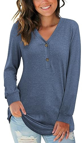 AUSELILY Women's Long Sleeve Tops V-Neck Jumpers Causal Button Down Sweatshirts Loose Henley T Shirt Blouse(Navy Blue,2XL)