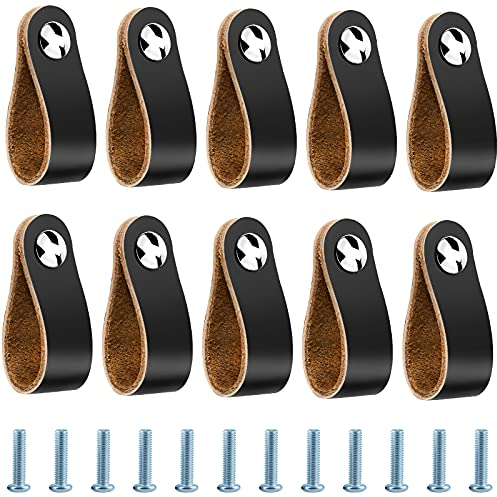 Julyee Griffe aus Leder, 10 Stück, Möbelgriffe aus Leder, für Badezimmer, Küche, Schränke – 14 x 2,5 cm, Schwarz