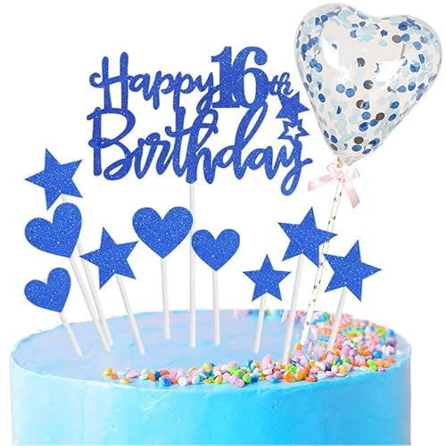 11pcs Royal Blue Happy 16th Birthday Cake Toppers,Personalised Cake Topper for Boy&Girl,16th Birthday Cake Decorations Glitter Cupcake Toppers Cake Toppers Kits 5 Star 4 Heart with Balloon