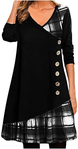 A-Linie Kleid Damen Kleider Kariertes Patchwork Minikleid Langärmliges Skaterkleid mit V-Ausschnitt Kaschmir Frühlingskleid Tunikakleid in Übergröße Freizeitkleid Blusenkleid S-5XL