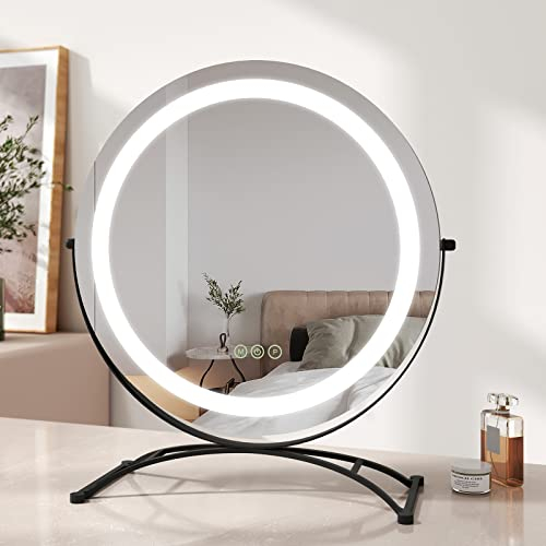 EMKE Schminkspiegel mit Beleuchtung, Φ50CM Smart-Touch Schminktisch Spiegel mit 3 Lichtfarben, Hollywood Spiegel Einstellbare Helligkeit mit Memory-Funktion, 360° drehbar- Schwarz