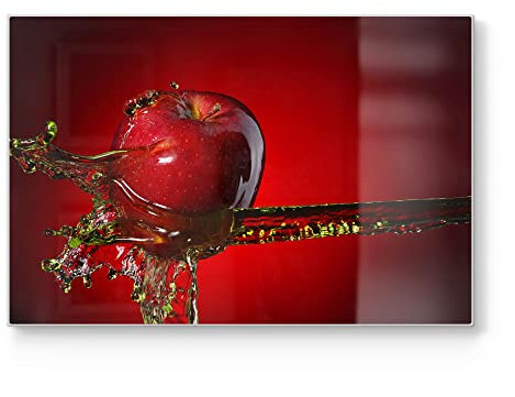 DEQORI Schneidebrett aus Glas | groß 30x20 cm | Motiv Flüssigkeit trifft Apfel | Design Schneideplatte für Küche | Frühstücksbrett antibakteriell & rutschfest | Glasplatte & Servierplatte