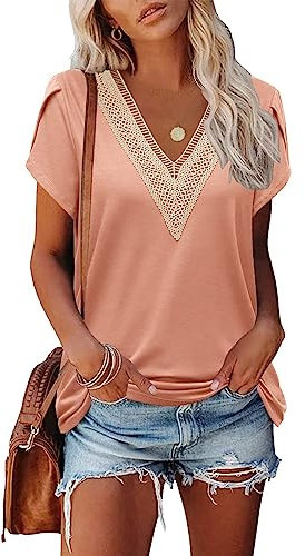 Famulily Dressy Tops for Womens Summer 2023 Blouses, Ladies Lace V Neck Short Petal Sleeve T-Shirts, Elegant (XXL, Pink)
