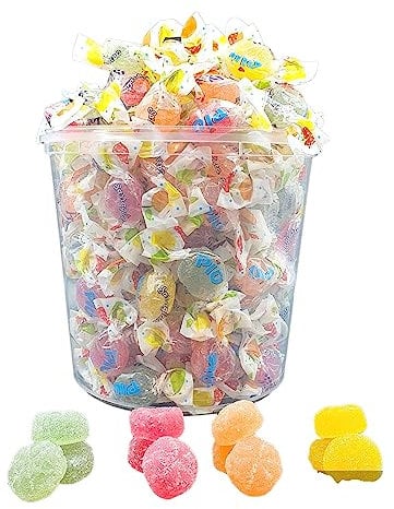 Chuches Blandas de FRUTA con Sabor NATURAL a Fresa, Naranja, Pera y Limon. 120 Unid. Con Zumo y Pulpa de Fruta. Chuches Envueltas. 1 Kilo. Caramelos de Goma.