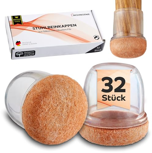 WOHNGENIE® Embouts de pieds de chaise en tailles [S/M/L] et lots [16/32] – Protège-pieds de chaise durables en silicone transparent et feutre robuste – Embouts de protection pour pieds (32, 25-37 mm)