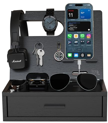 EcoLeafy Dot Nightstand Organizer- Valet Tray for Men, Birthday Gifts for Men, Best Gifts for Men, Gifts for Dad, Dad Gift, Rustic Bedside Table Organizer for Cellphone, Watch (Black)