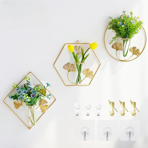 NIUKOMY 3 Stück Reagenzglas Vase Gold, Wanddekoration Blumenvase, Wandvasen für Pflanzen Innen, Wandmontage Hydrokultur-Pflanzgefäß, Metallvasen Wand mit Ginkgoblatt (Pflanzenfrei)