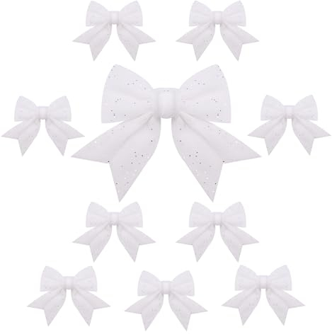TOPWAYS 10 x Weihnachtsschleifen, weiße Schleifen für Weihnachtsbaum, Pailletten-Fliegen, Weihnachtsdekoration, Ornamente für Zuhause, Weihnachtsfeier, 17 cm, Weiß
