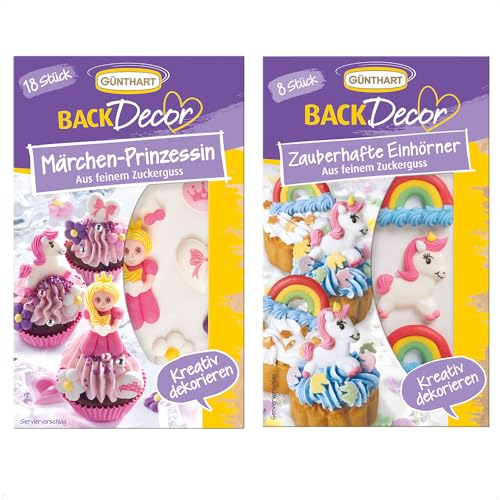 Günthart BackDecor Einhorn und Prinzessin Set, 8 x Thema Einhorn Zuckerfiguren und 18 Märchen Prinzessin Thema aus feinem Zuckerguß, 2er Pack (1 x 34 g)