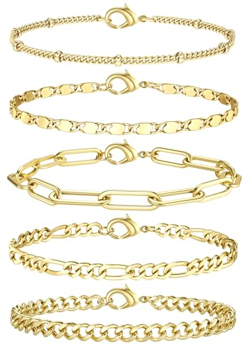 Krfy 14 Karat Vergoldetes Armband Set für Damen - Silber Figaro Kubanische Tenniskette, Twist Fischgrätenkette, Stapelbares Silber Gold Schmuck