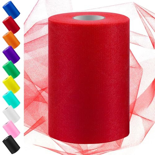 Swpeet 6 pouces par 100 verges Roule de tissu de tulle rouge, bande de tulle de bobine de tissu, bande de polyester de filet idéal pour bricolage fait à la main Fête d'anniversaire Décorations de