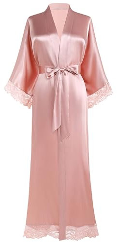BABEYOND Peignoir kimono long en satin pour femme - Couleur pure - Robe de demoiselle d'honneur - Avec bordure en dentelle - Pour filles - Pour fête de mariage - Pyjama - Fête, AllPink, Einheitsgröße