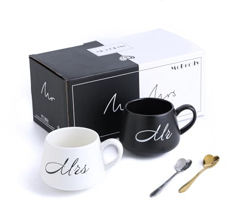 McBecdy 2 Stück Mr und Mrs Tassen - 400ml Partnertassen Kaffeetassen Set mit Löffel - Pärchen Geschenke Hochzeitsgeschenke für Brautpaar Verlobung Valentinstag Weihnachten