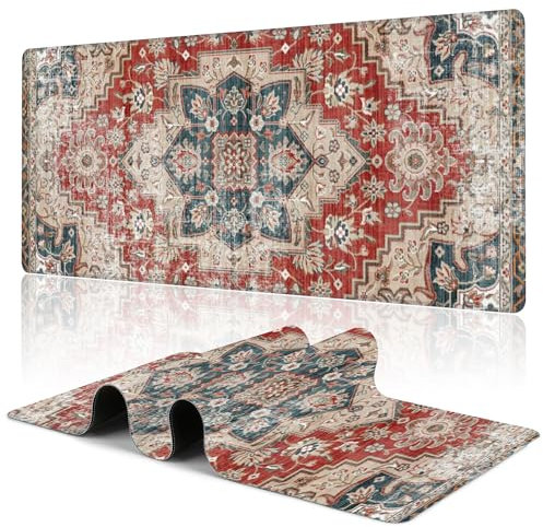 Uiaoiais Desk Pad,Persian Style Textile Rug Texture Gaming Mouse Pad,31.5X15.7 Extended Gaming Mouse Pad Mat with Stitched Edge Non-Slip Base Big Desk Mat for Office Keyboard Laptop