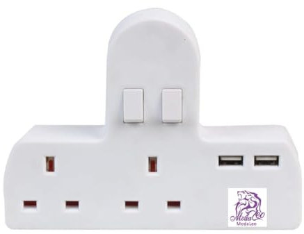 MODALEO - Extension Lead Cable Electric Plug Socket UK Mains Power Gang (2 Mains Individually Switched with USB)