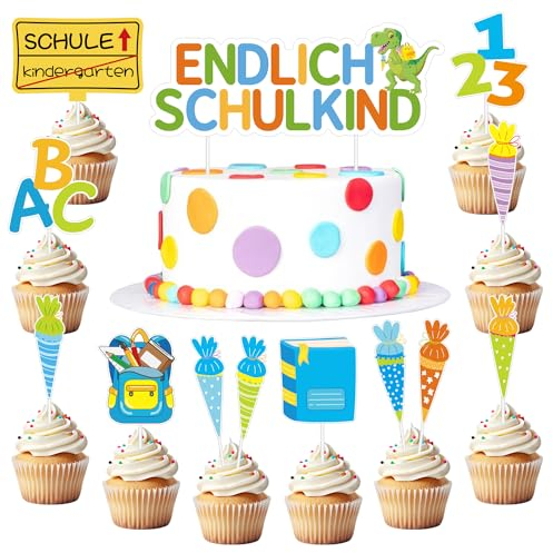 13 Stück Tortendeko Einschulung,Cake Topper Einschulung Junge,Kuchendeko Schulanfang,Kuchen Deko Einschulung für Schulkind Geschenk und Einschulung Party Torten Deko(Dinosaurier)