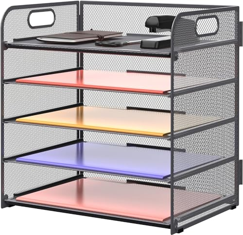 SUPTIDY 5 Trays Paper Organiser Letter Tray with Handle-Mesh Desk File Organiser, A4 Paper Sorter Desk Organiser for Office, Home or School, Grey