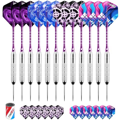 CyeeLife Dartpfeile mit Metallspitze,12 Stück Profi Steeldarts mit 24 Flights und Sharpener, 22 Gramm (Lila)