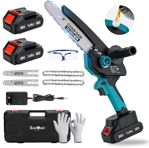 Mini motosega con batteria da 2 x 2000 mAh, mini motosega elettrica da 8 pollici, con olio automatico, 2 catene e caricabatterie, senza spazzole per cesoie da giardino, potatura potatura