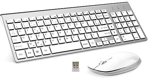Clavier et Souris sans Fil - 2.4G Silent Compact Clavier de Souris Pleine Taille Ergonomique pour PC/Portable/Ordinateur/Laptop/TV (Argent)