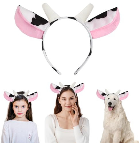 Niedliches Stirnband Mit Kuhohren Hörnern Realistisches Stirnband Aus Plüsch mit Tierohren Kopfbedeckung Halloween Weihnachtsfest Thema Elastischer Haarreif Accessoire für Tierparty Cosplay Kostüm
