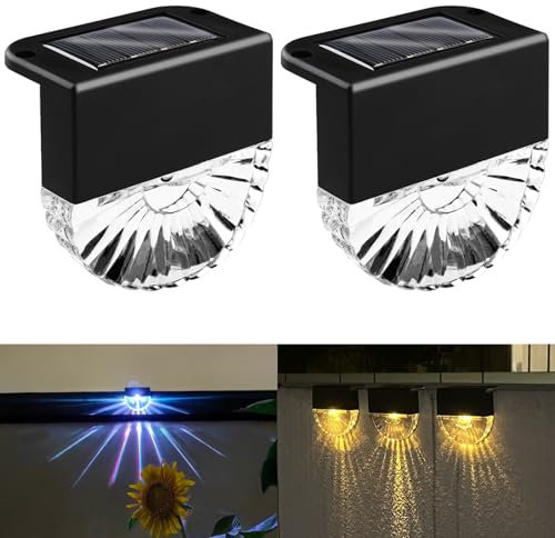 Mezzar Luci Solari per Esterni, 2 Pezzi Lampade Solari da Giardino per Recinzioni, Impermeabili Luce Solare Led Esterno per Scale Gradini Sentieri Patio con 2 Modalità di Bianco Caldo/Cambio Colore