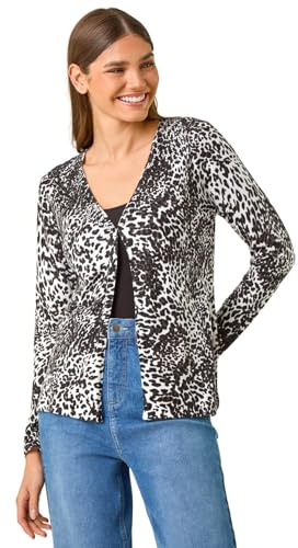Roman Originals Embellished Animal Print V-Neck Cardigan for Women UK - Ladies Everyday Autumn Winter V-Neckline Comfy Soft Evening Vacation Work Party Night Out - Black - Size 18