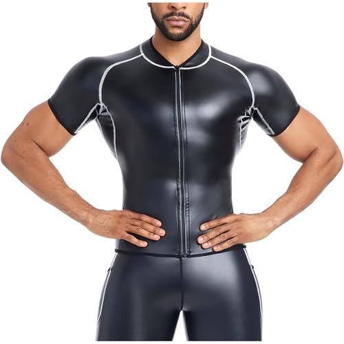 Caxndycing Kompressionsshirt Herren Latex PU Leder Wetlook Jacke mit Reißverschluss Sexy T-Shirt Kunstleder Unterhemd Slim Fit Muskelshirts Lack Leder Erotik Shirts Tops für Nachtclub Party