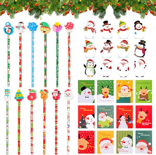 36 Stücke Schule HB Stifte Set, Weihnachten HB Bleistifte mit Radiergummi, Notizbuch und Haftnotizen Weihnachten, Mini Notizblock Weihnachten,Bleistifte Schreibwaren Set,Schulbüro Familie Partytüte(B)