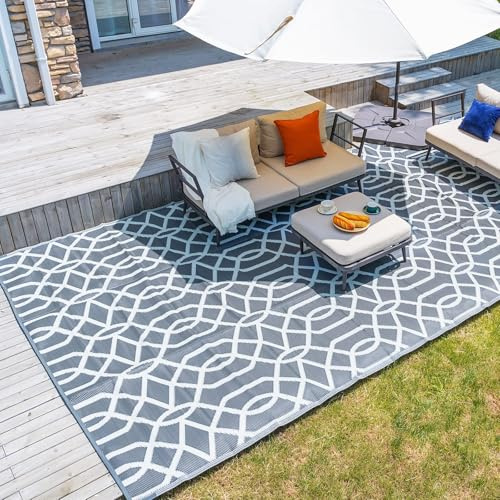 wikiwiki Outdoor Rug, 9x18ft Waterproof Reversible Mat Indoor Outdoor Rugs Carpet, Small Area Rug Plastic Straw Rug for Patio Deck Balcony Pool RV Camping Beach Picnic, Grey, Rugscape Series