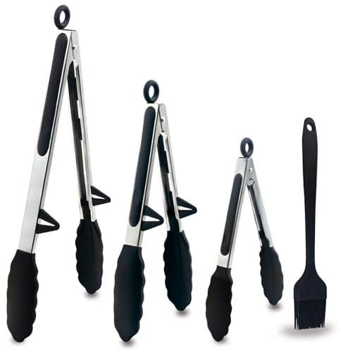 NVGVUP Lot De 4 Pinces De Cuisine RéSistante à La Chaleur, Pince Cuisine Silicone Avec Verrou De SéCurité, Avec Brosse En Silicone, En Acier Inoxydable, Pour Cuisiner, Griller, Buffet