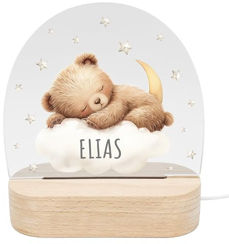 DEL MÀ Unique & Personal Nachtlicht Baby personalisiert Nachttischlampe Kinder Geschenk Geburt Mädchen Jungen Babyzimmer Deko Kinderzimmer Kinderlampe Nachtlampe inkl. Holzfuß & Netzteil (V3)