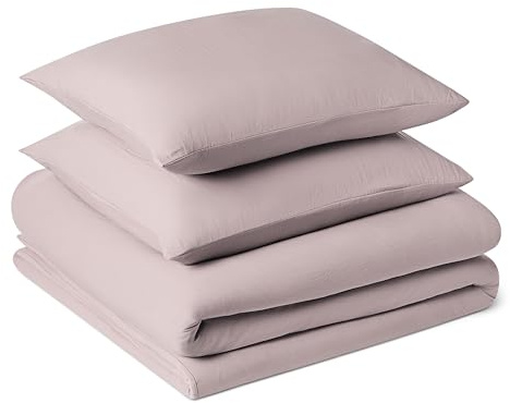Amazon Basics Bettwäsche 200x200 3teilig Vorgewaschene Mikrofaser, Extra Weich mit Knitter-Look, Bügelfrei, Bettbezug 200x200 cm & 2 Kissenbezüge 80x80 cm, Violett
