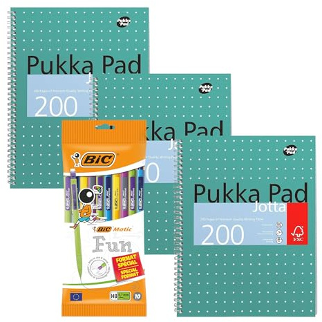 BIC Matic Combos Mechanical Pencils 0.7 mm 10 Pack and 3 Pack Pukka Pad A4 Metallic Jotta Book Wirebound Notebook with 8mm Lines 80GSM Paper 4 Hole Punch Perforated Edges 200 Pages Green