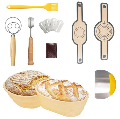 Banneton Bread Proofing Basket Set:2 Pcs Silicone Baskets 9 Inch Round & 10 Oval with Essential Bread Baking Tools-Bread Sling, Danish Dough Whisk, Dough Scraper, Silicone Brush