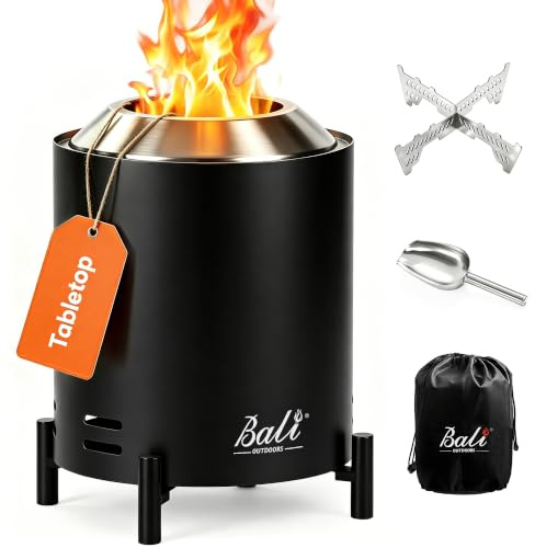 Tisch-Feuerstelle, kleine Tisch-Feuerstelle, rauchfreie Feuerstelle | BALI OUTDOORS 16,5 cm große Edelstahl-Tisch-Feuerstelle, tragbar für Terrasse, Veranda, Deck und Camping, Schwarz