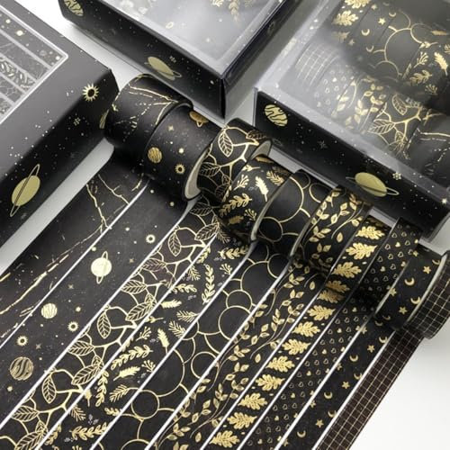 10 Rollens Washi Tape Set, Deko klebeband, Washi Tape Sticker 3m Masking Tapes Aesthetic Heißpräge-Kombi-Handbuchband für Bullet Journals Scrapbook (Schwarz,10 Roll, 3m)