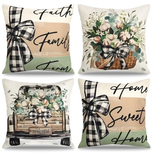 MEIVINES Frühling Kissenbezug 45x45 cm 4er Set Grün Kissenbezüge Eukalyptus Blätter LKW Home Sweet Home Leinen Dekorative Kissenhülle Zierkissenbezüge für Sofa Wohnzimmer Garten Dekoration