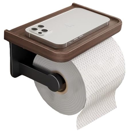 Biutimarden Aluminum Toilet Paper Roll Holder with Walnut Shelf Wall Mounted Self Adhesive Toilet Paper Holder Waterproof Anti-Drop Design Tissue Roll Holder for Bathroom and Kitchen