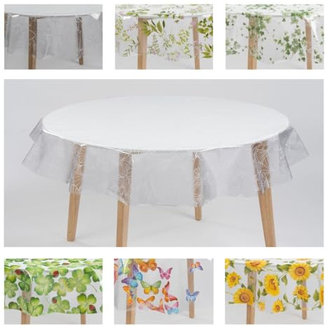 laro Ø 140 cm Premium Line Transparente Tischdecke rund - Wasserdicht & abwischbar - Tischschutz, Muster:Ginkgo Weiß Transparent, Größe: Rund 140cm