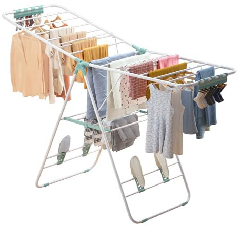 SereneSpc Clothes Airer, 3 Grades Height-Adjustable Clothes Drying Rack, Winged Clothes Horse Indoor Foldable, Stainless Steel Drying Rack Laundry Outdoor, L144 x W50 x H94cm (Green)