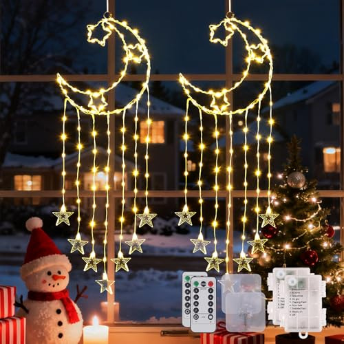 95 LED Weihnachtsdeko Fenster Sterne, 2 Stück Weihnachtsbeleuchtung Fenster mit Fernbedienung & Timer, 8 Modi Warmweißen Mond Sterne Lichterkette Weihnachten Batterie für Fenstertür Wand