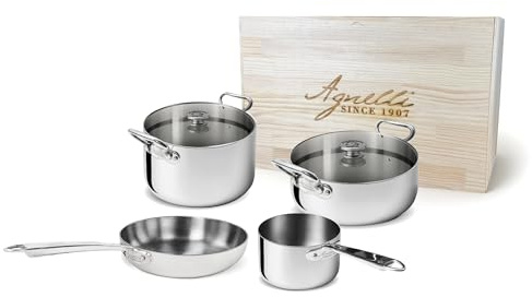 Agnelli - Set di Pentole 6 Pezzi – Acciaio 5-Ply con Scatola in Legno