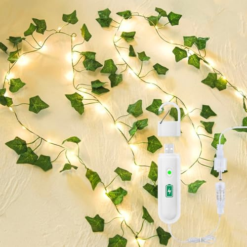 Bigzom Efeu Künstlich Lichterkette Batterie, 2M 20LEDs | Abnehmbarem und wiederaufladbarem, Mit Timer, Frühling Pflanzen, Deko Schlafzimmer, Wanddeko, Zimmer Deko Aesthetic
