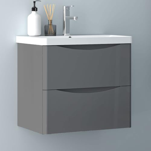 Biubiubath Hochglanz Dunkelgrau Badezimmerschrank 60cm Mineralgusswaschbecken mit Unterschrank Badmöbel-Set 2 Soft-Close Schubladen Hängend