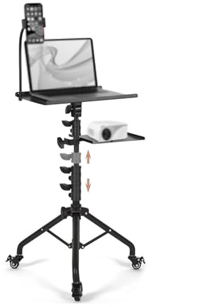 RATSTONE tripode proyector，soporte proyector suelo，con 3 ruedas giratorias, Rotación de 180° Tripode Proyector Altura Ajustable Entre 65 y 130cm con soportes para teléfono, para portátil, proyector